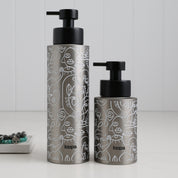 Two brushed stainless steel round bottle dispensers with white wrap labels, shown together in 500ml and 250ml refillable sizes for soap or lotion