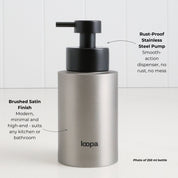 Brushed stainless steel round bottle dispenser with subtle arrow detailing and a plain finish, shown as a 250ml refillable bottle for kitchen, bathroom, or WC use