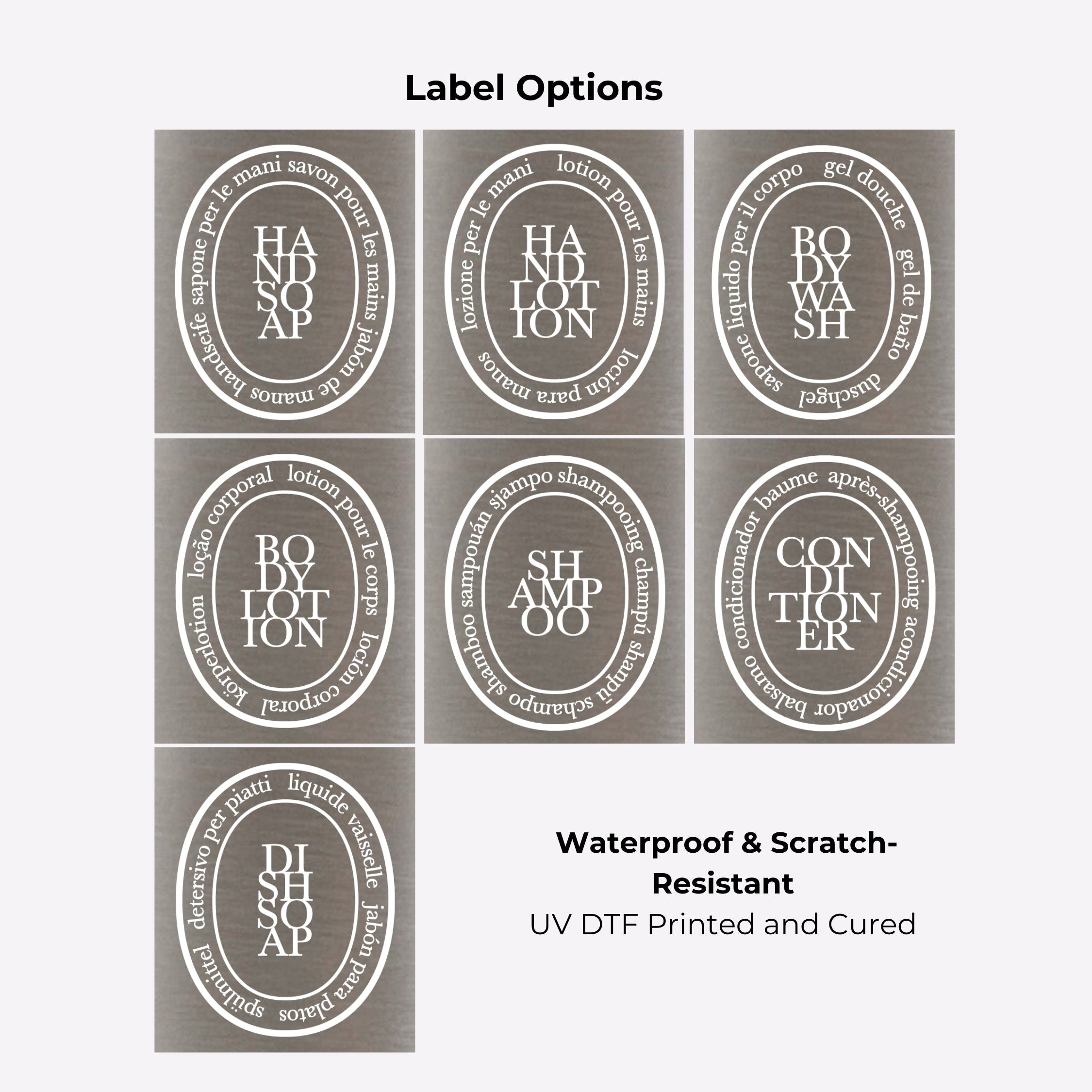 Brushed stainless steel round bottle dispenser showing white oval label options, intended for organising refillable bottles across kitchens, bathrooms, cloakrooms, or WC spaces