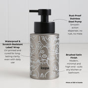 Brushed stainless steel round bottle dispenser with a white wrap and arrow detailing, shown as a 250ml refillable bottle for everyday hand wash use