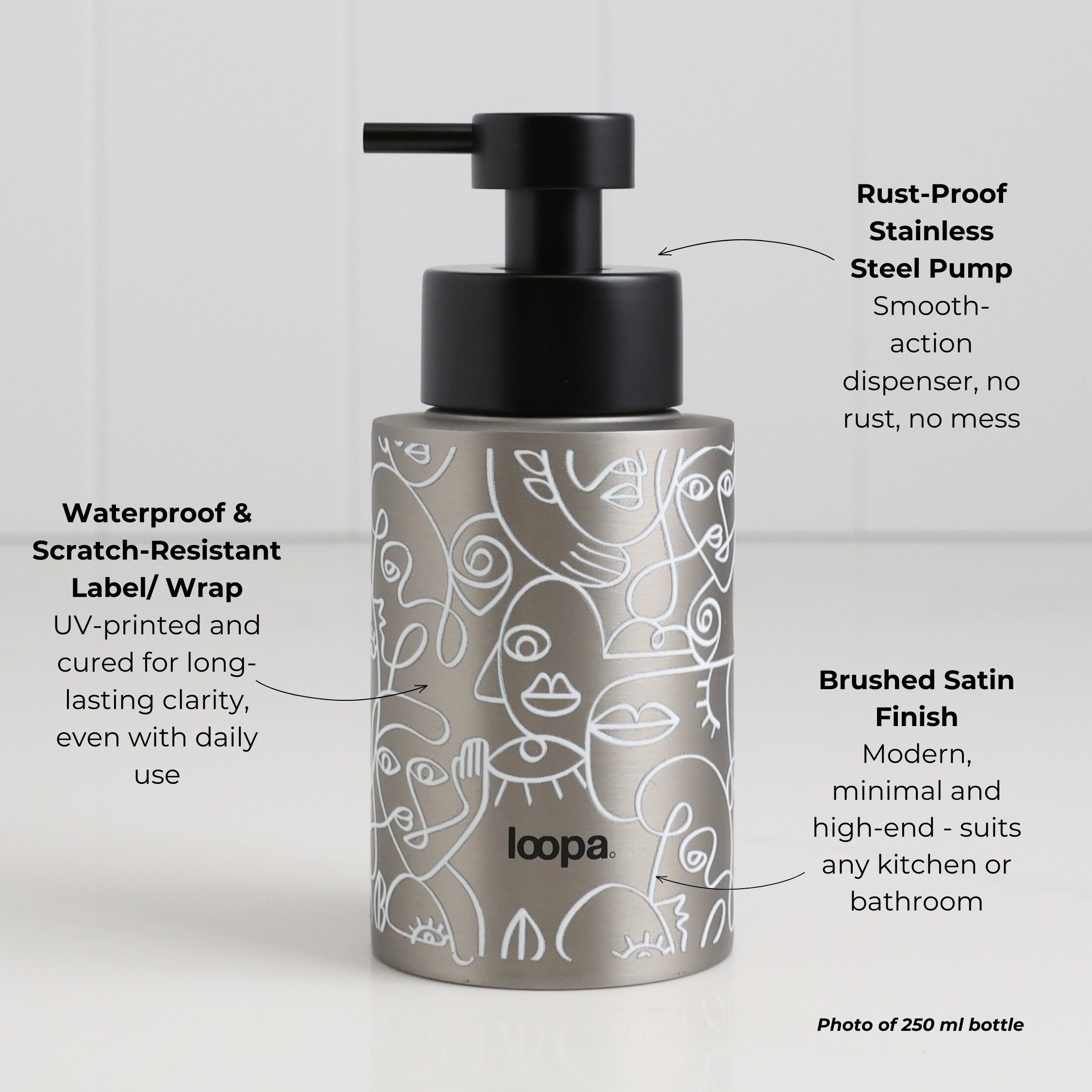 Brushed stainless steel round bottle dispenser with a white wrap and arrow detailing, shown as a 250ml refillable bottle for everyday hand wash use