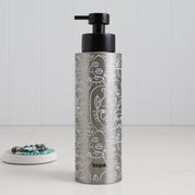Brushed stainless steel round bottle dispenser with a clean white wrap, presented as a 500ml refillable option for modern kitchen or bathroom use