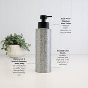 A cylindrical kitchen dispenser bottle with a black pump and a brushed silver body featuring white line-art illustrations, shown on a white surface with a small potted plant in the background. Callout text labels describe the rust-proof stainless steel pump, brushed satin finish, and waterproof scratch-resistant label/wrap.
