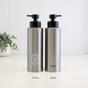Front and back view of a 500ml brushed 304 stainless steel conditioner dispenser with white oval label, Loopa branding and satin black liquid pump for a refillable shower bottle.