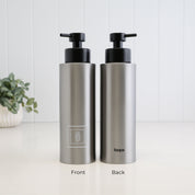 500ml brushed 304 stainless steel soap dispenser shown from the front and back, with a white square Dish Soap label, Loopa branding and satin black liquid pump.