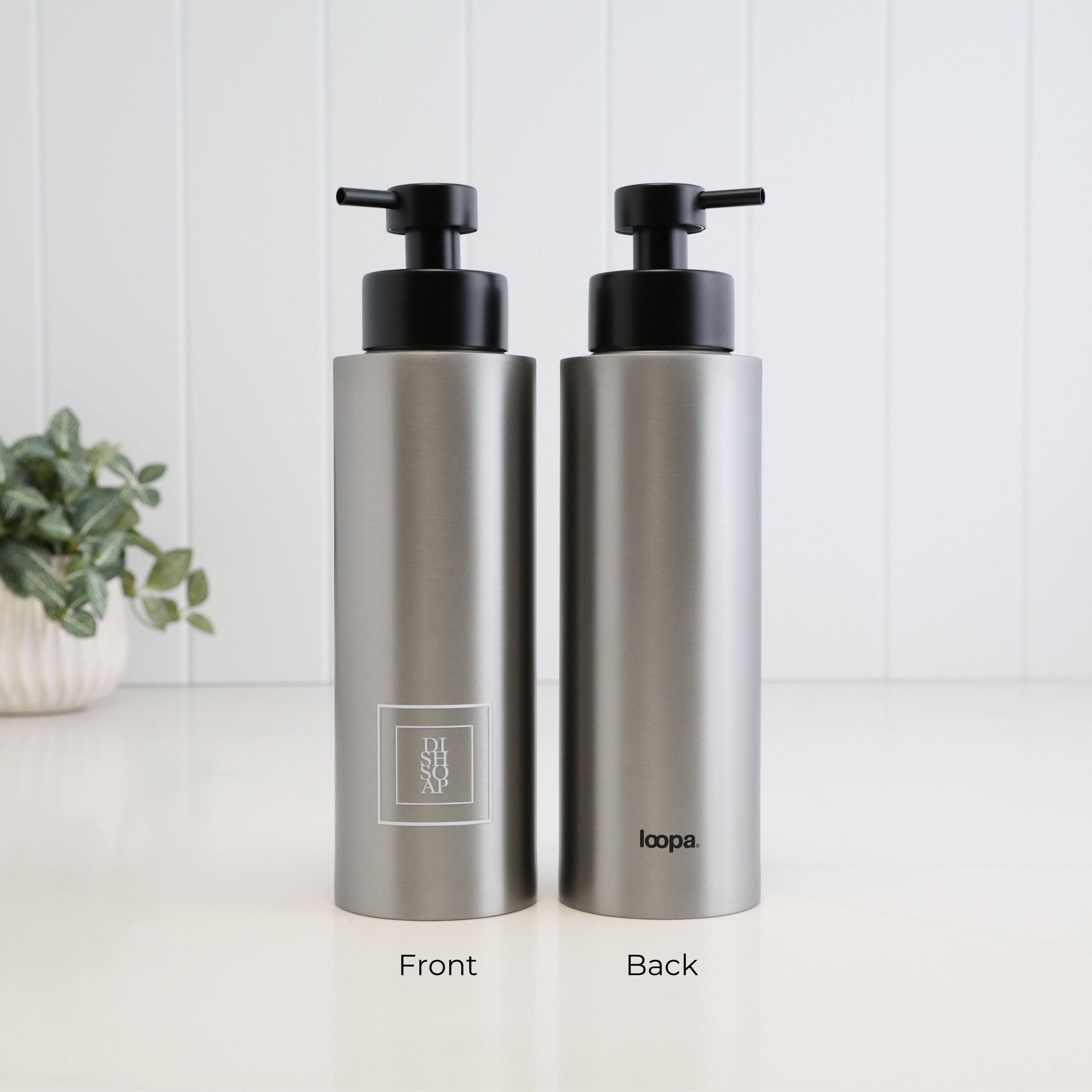 500ml brushed 304 stainless steel soap dispenser shown from the front and back, with a white square Dish Soap label, Loopa branding and satin black liquid pump.