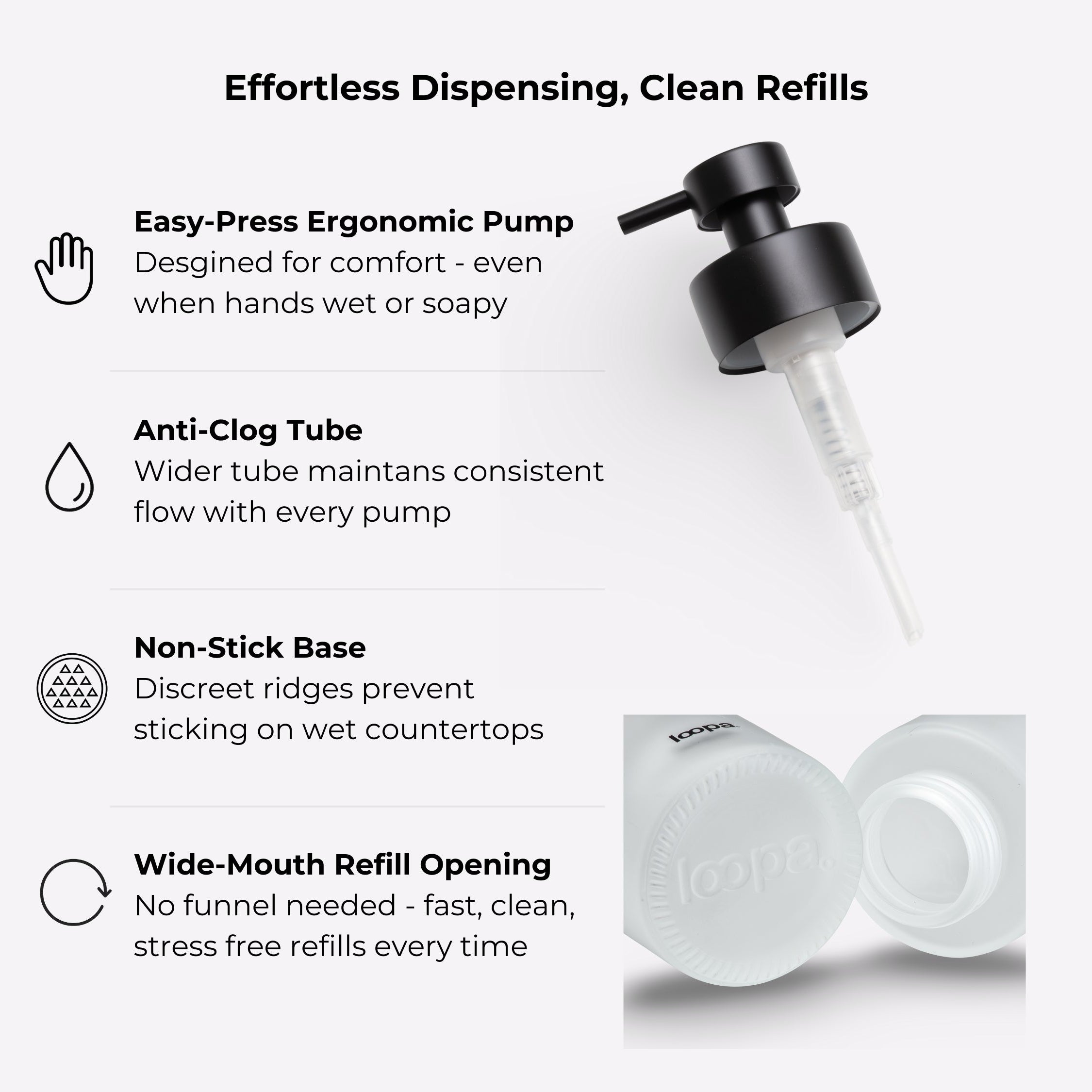 Design features of a frosted glass bottle dispenser, showing the refillable form, smooth finish, and considered details for everyday home use