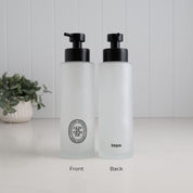500ml frosted glass conditioner dispenser shown from the front and back, with a black oval Conditioner label, satin black pump and Loopa branding.