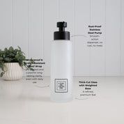 500ml frosted glass conditioner dispenser with black square label, satin black stainless steel pump and thick-cut weighted base, highlighting the waterproof scratch-resistant UV DTF label.