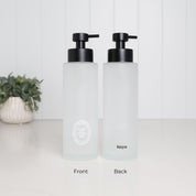 Front and back view of a 500ml frosted glass conditioner pump bottle with white oval label, satin black stainless steel pump and Loopa branding.