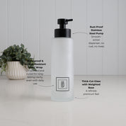 500ml frosted glass dish soap dispenser with black square label, thick-cut weighted glass base and satin black stainless steel pump, with waterproof scratch-resistant UV DTF detailing.