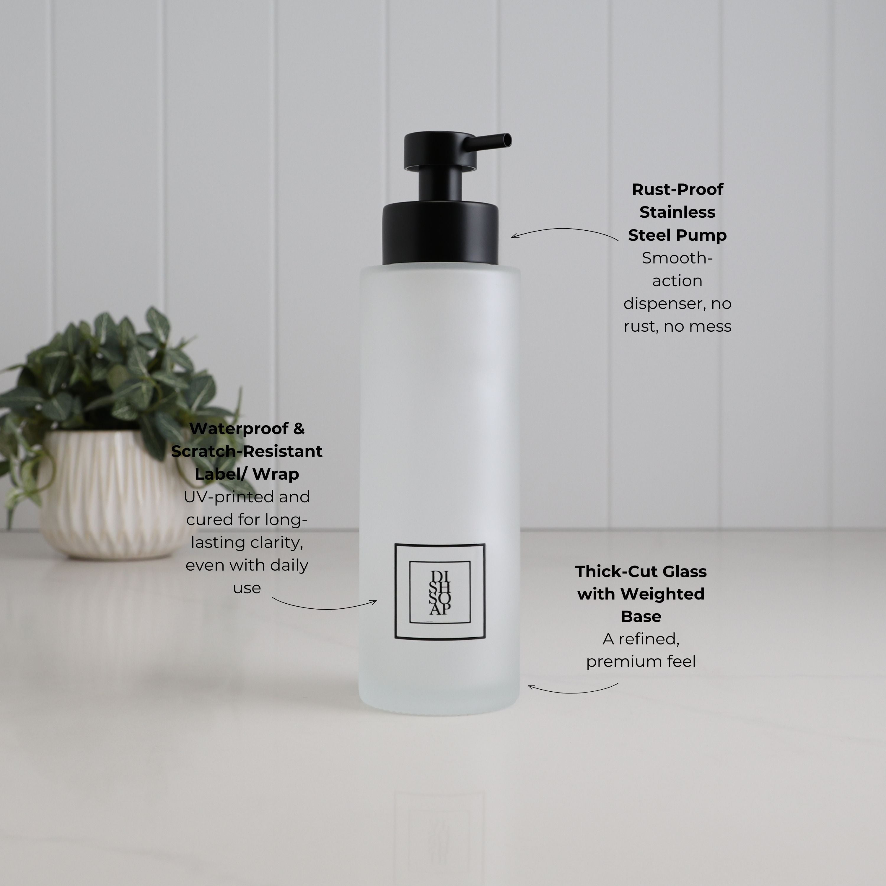 500ml frosted glass dish soap dispenser with black square label, thick-cut weighted glass base and satin black stainless steel pump, with waterproof scratch-resistant UV DTF detailing.