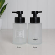 250ml frosted glass hand soap dispenser shown from the front and back, with white square Hand Soap label, Loopa branding and satin black stainless steel pump, designed as a refillable soap bottle for bathroom sinks.