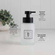 Frosted glass hand soap dispenser highlighting its satin black stainless steel pump, waterproof scratch-resistant label and thick-cut glass with weighted base.