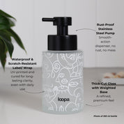 Frosted glass dispenser bottle with white wrap and subtle arrow detailing, created for refillable hand soap or lotion use