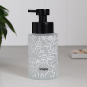 Refillable frosted glass bottle dispenser with a clean white wrap, suited to everyday soap or lotion use in kitchens and bathrooms