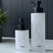 Frosted glass refillable soap bottle dispenser with clean white wrap label, shown in 250ml and 500ml sizes for kitchen or bathroom use