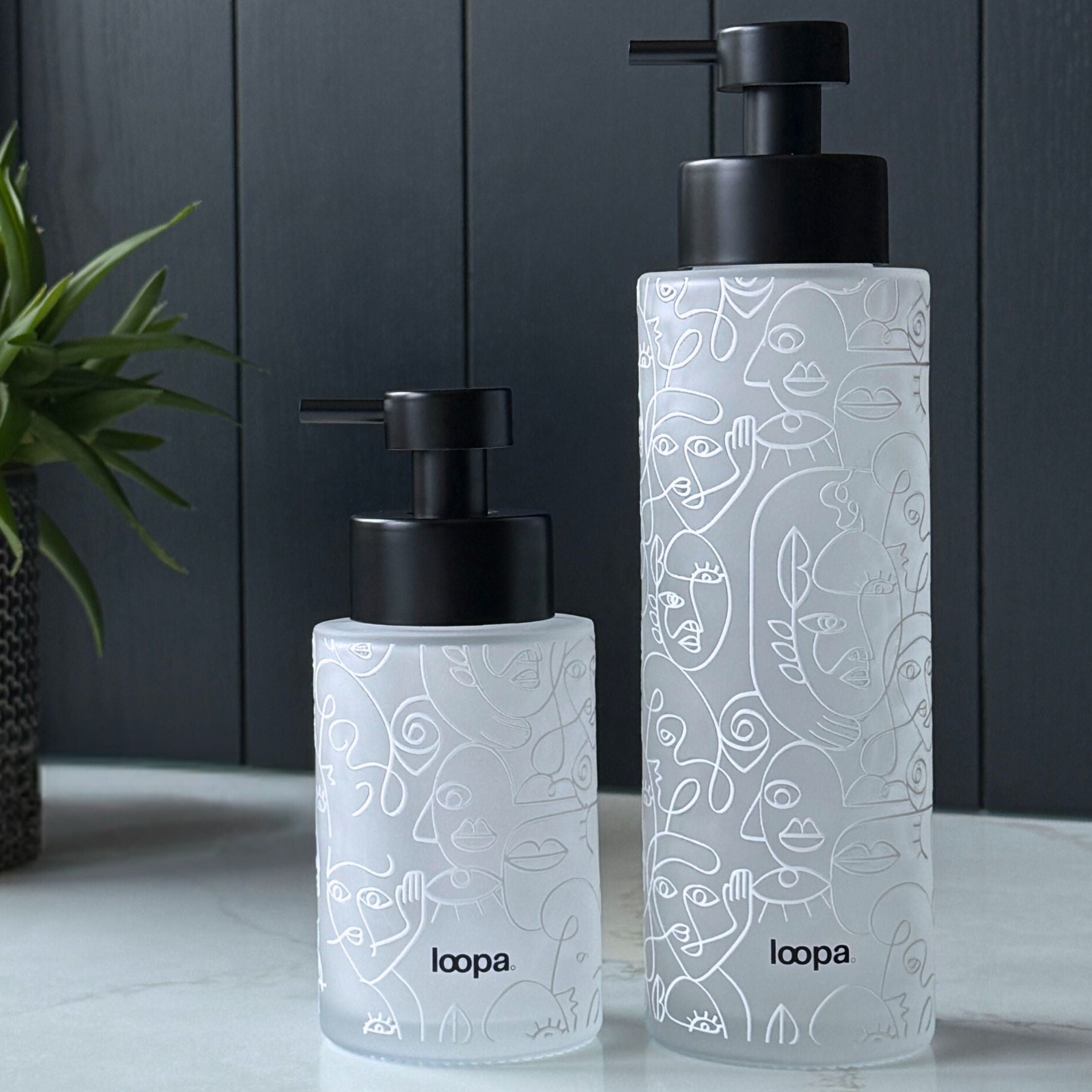 Frosted glass refillable soap bottle dispenser with clean white wrap label, shown in 250ml and 500ml sizes for kitchen or bathroom use
