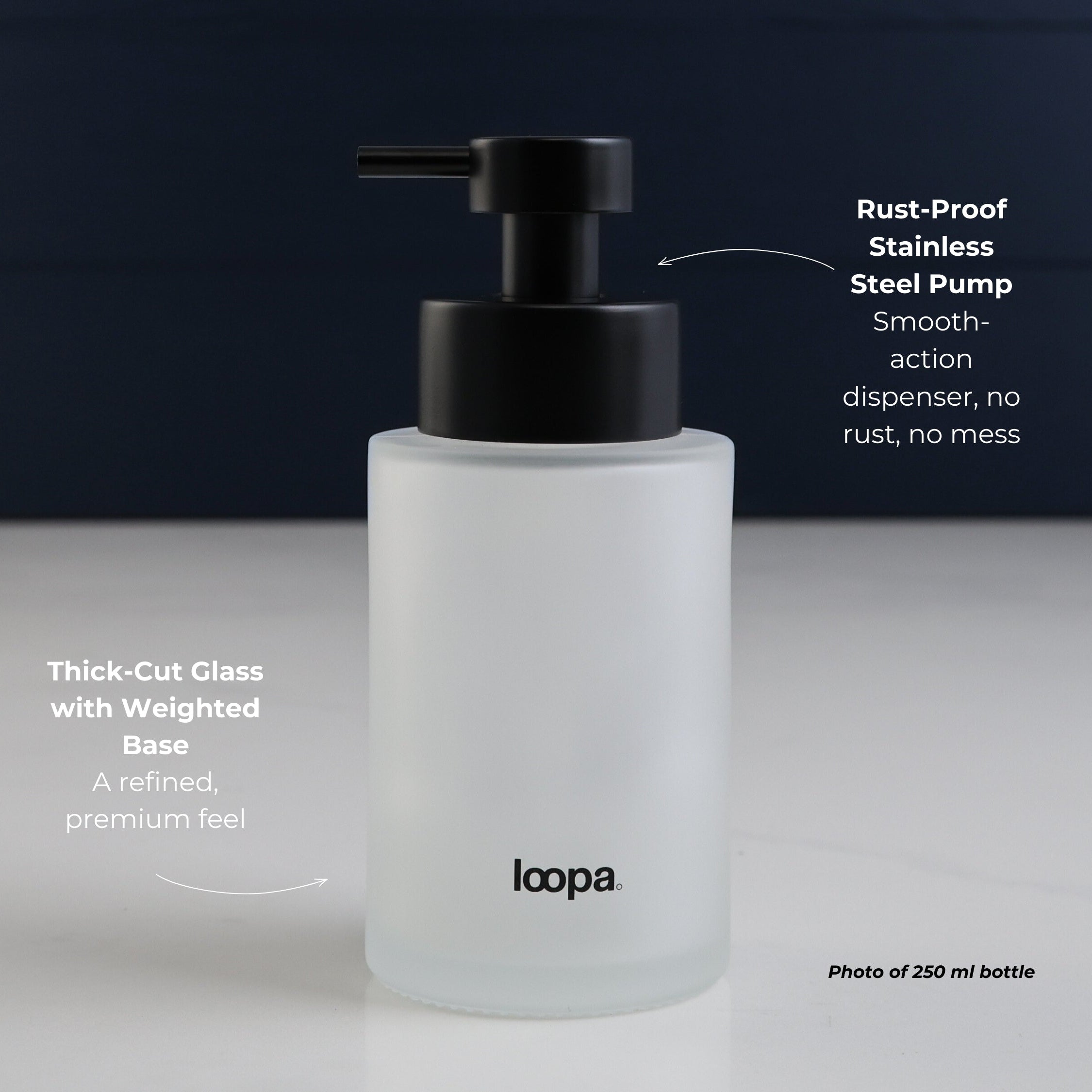 Frosted glass round bottle dispenser with arrow detailing, shown as a 250ml refillable bottle suited to bathrooms, cloakrooms, or WC spaces