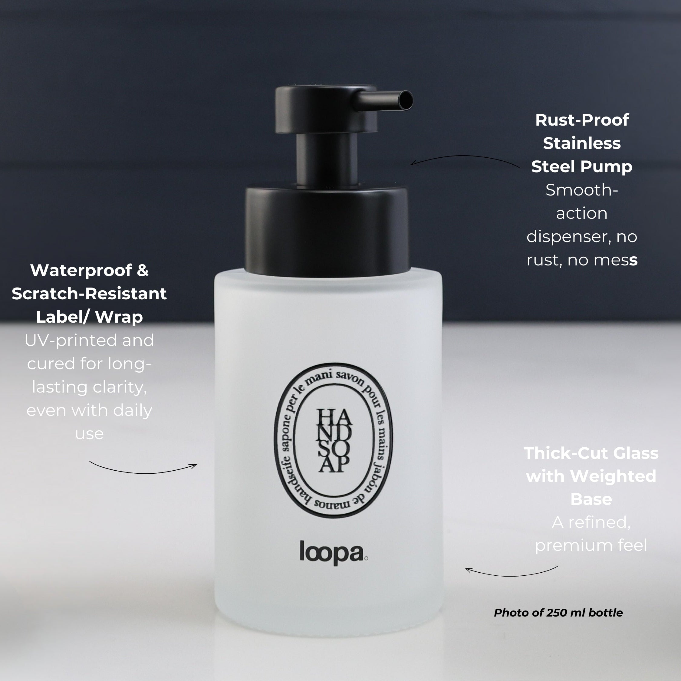 Frosted glass round bottle dispenser with a black oval arrow label, designed for refillable soap or lotion in modern home spaces