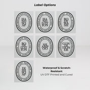 Frosted glass round bottle dispenser displaying black oval label options for refillable soap, lotion, shampoo, or conditioner