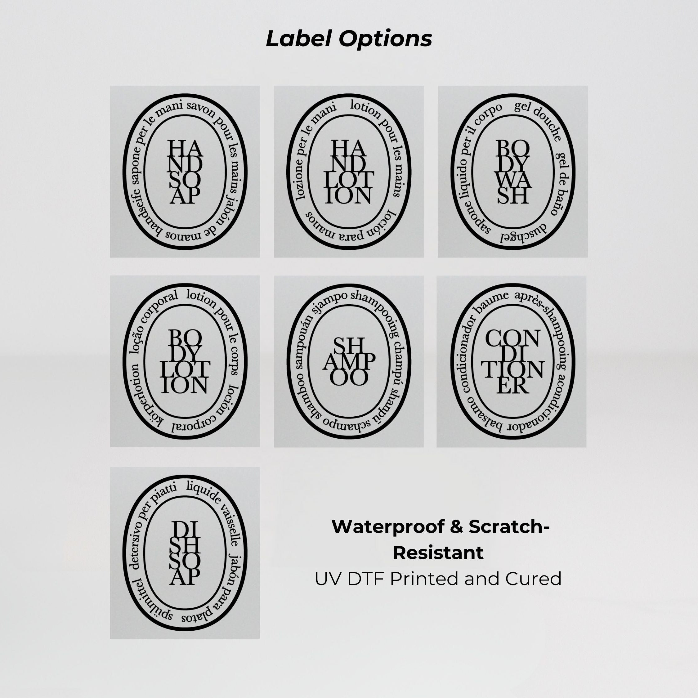 Frosted glass round bottle dispenser displaying black oval label options for refillable soap, lotion, shampoo, or conditioner