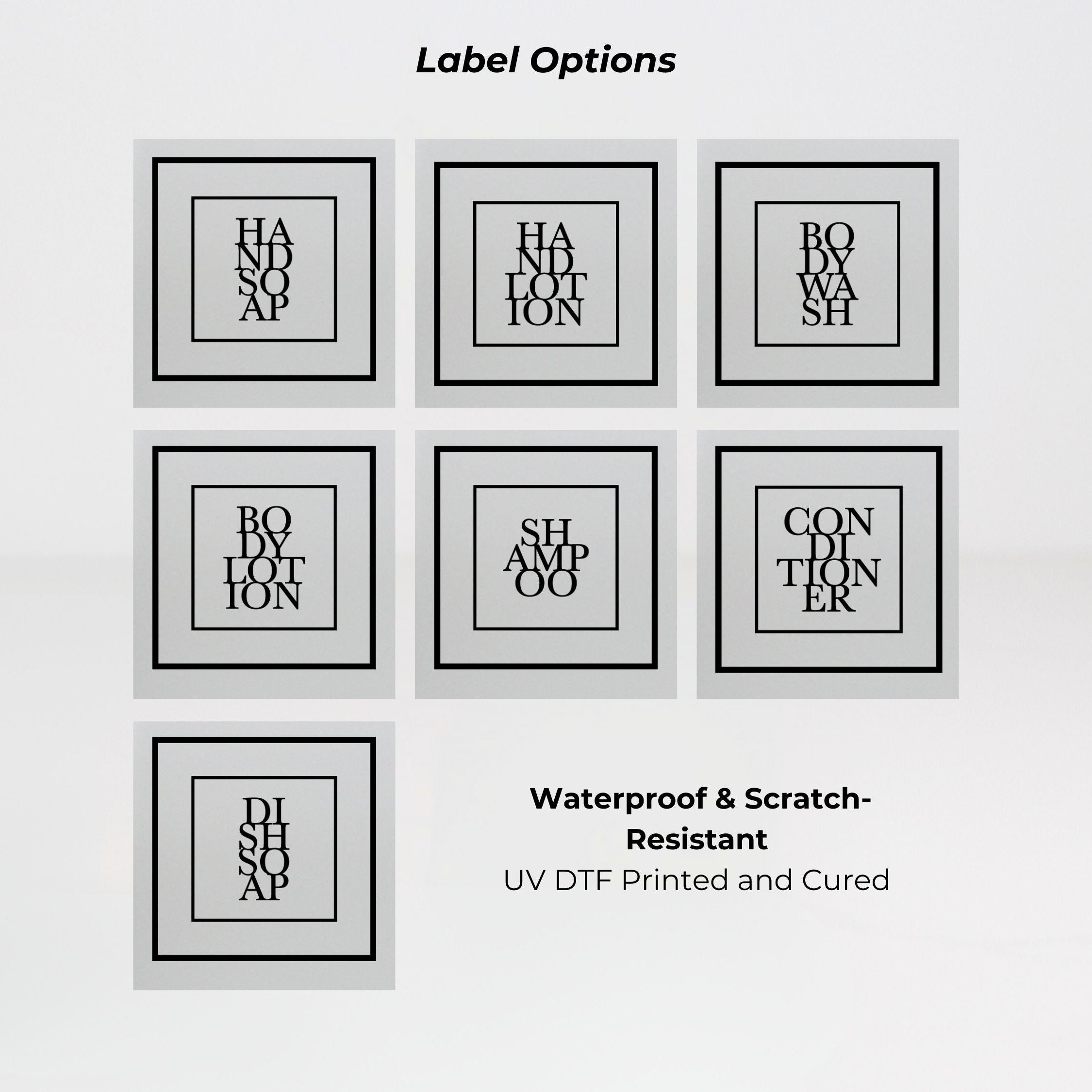 Frosted glass round bottle dispenser showing black square label options for refillable soap, lotion, shampoo, or conditioner