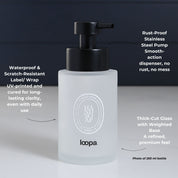 Frosted glass round bottle dispenser with a white oval arrow label, shown as a 250ml refillable option for soap or lotion