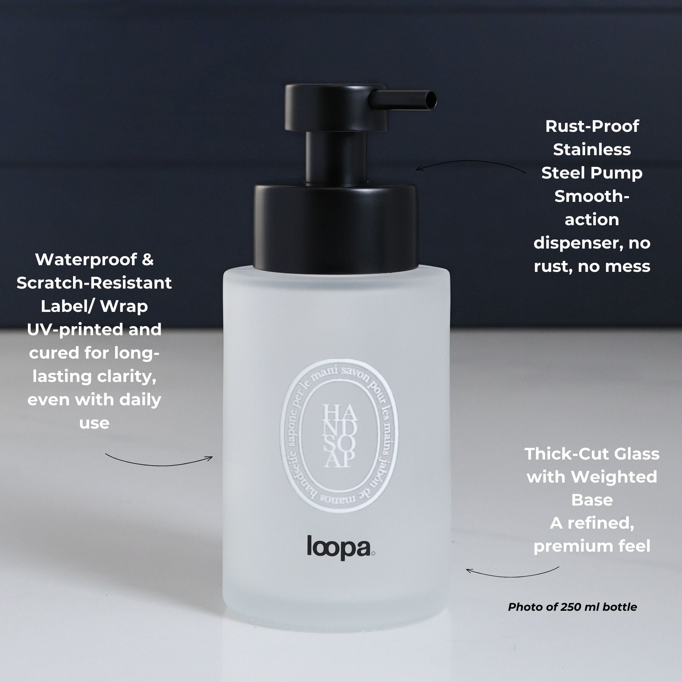 Frosted glass round bottle dispenser with a white oval arrow label, shown as a 250ml refillable option for soap or lotion