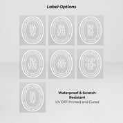 Frosted glass round bottle dispenser displaying white oval label options for refillable soap, lotion, shampoo, or conditioner