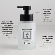 Square frosted glass bottle dispenser with a black arrow-style label, designed for refillable soap or lotion in modern home settings