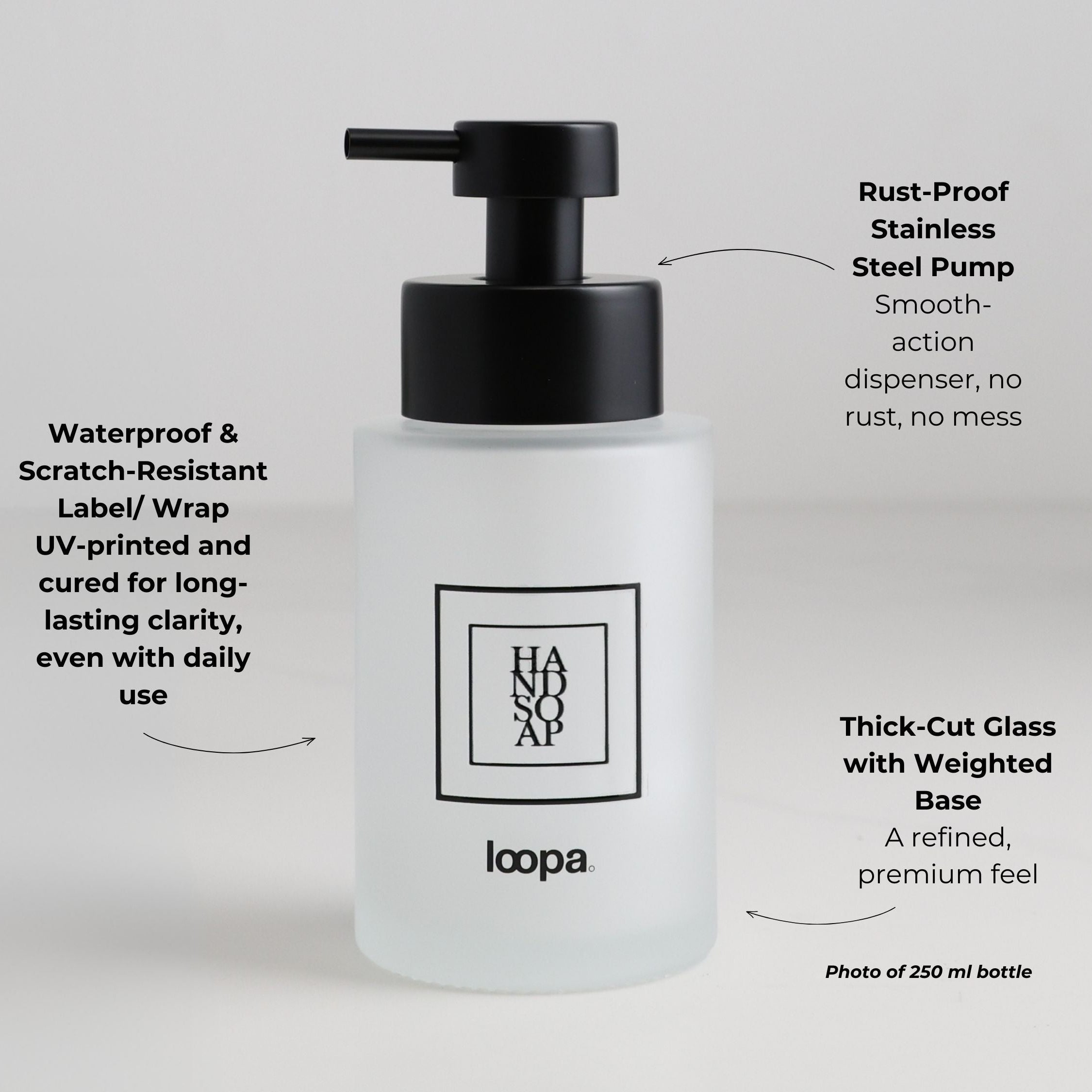 Square frosted glass bottle dispenser with a black arrow-style label, designed for refillable soap or lotion in modern home settings