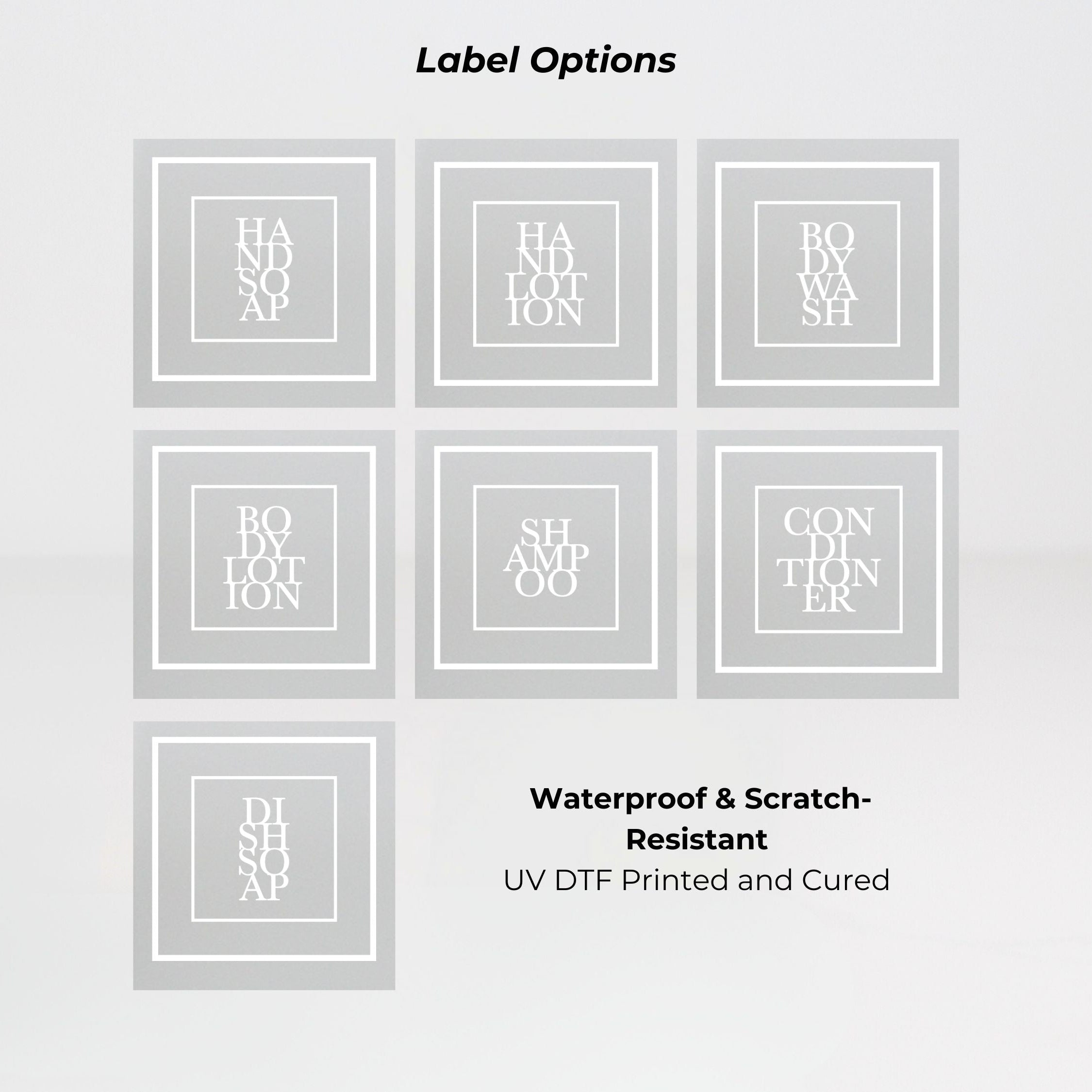 Square frosted glass dispenser bottle showing multiple white label options for refillable soap or lotion use