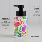 Glass round bottle dispenser with a tropical flamingo wrap and arrow detailing, shown as a 250ml refillable option for soap or lotion