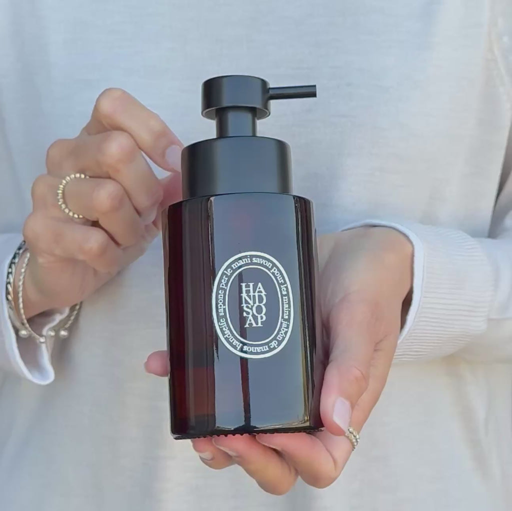 250ml-amber-glass-hand-soap-dispenser-white-label-black-pump-product-video