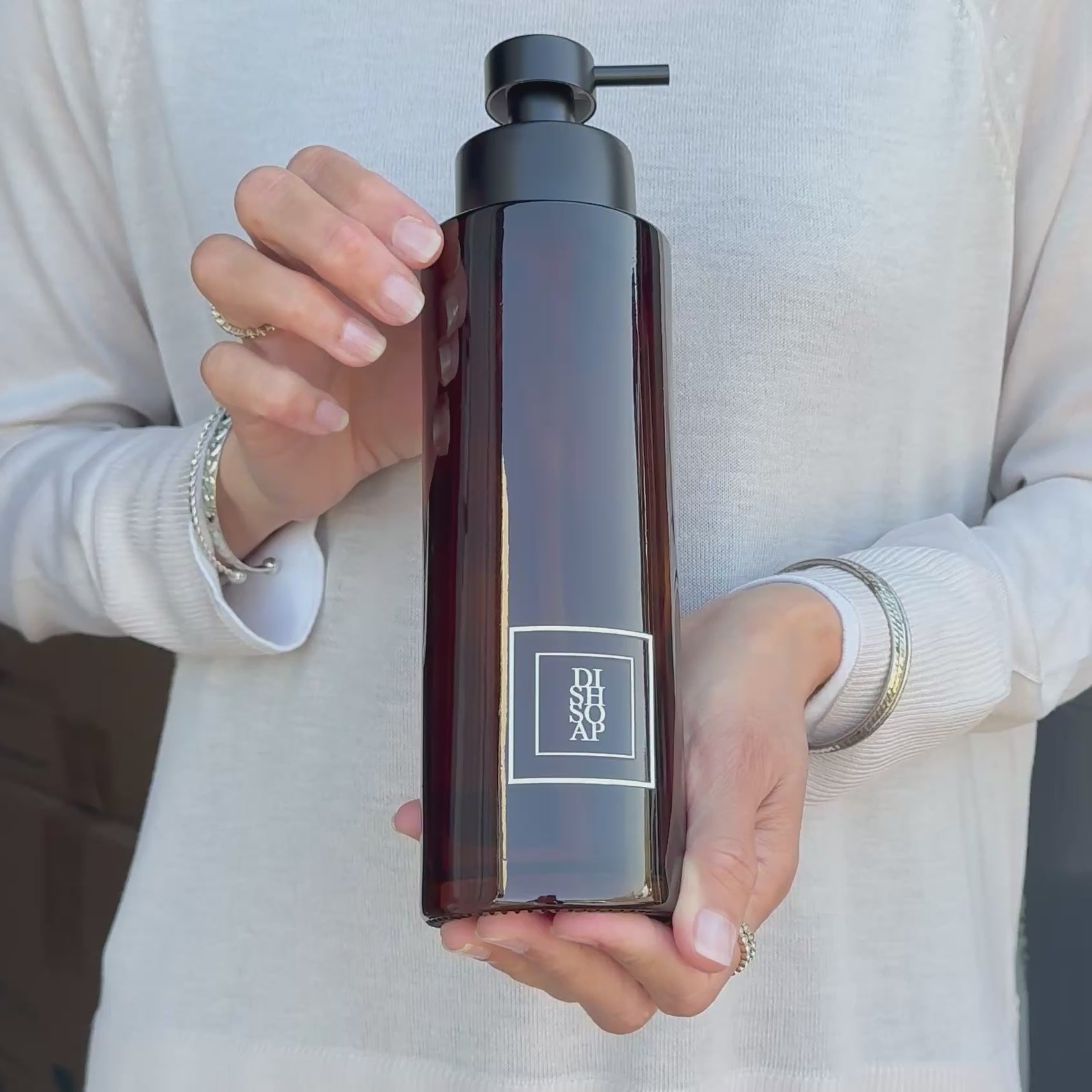 amber-glass-dish-soap-dispenser-white-square-label-video