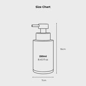 Size guide illustrating the height and proportions of a 250ml refillable bottle dispenser for home use
