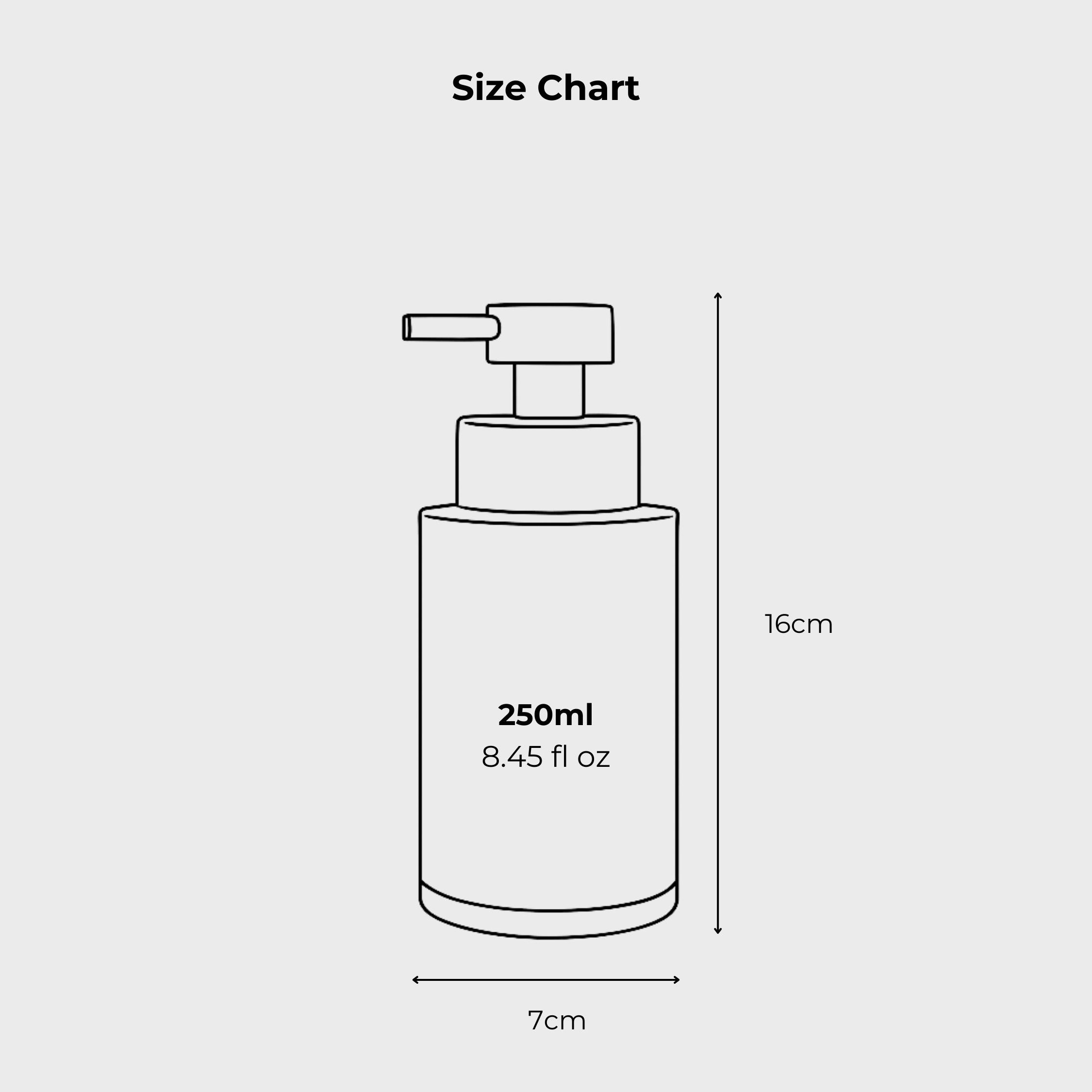 Size guide illustrating the height and proportions of a 250ml refillable bottle dispenser for home use