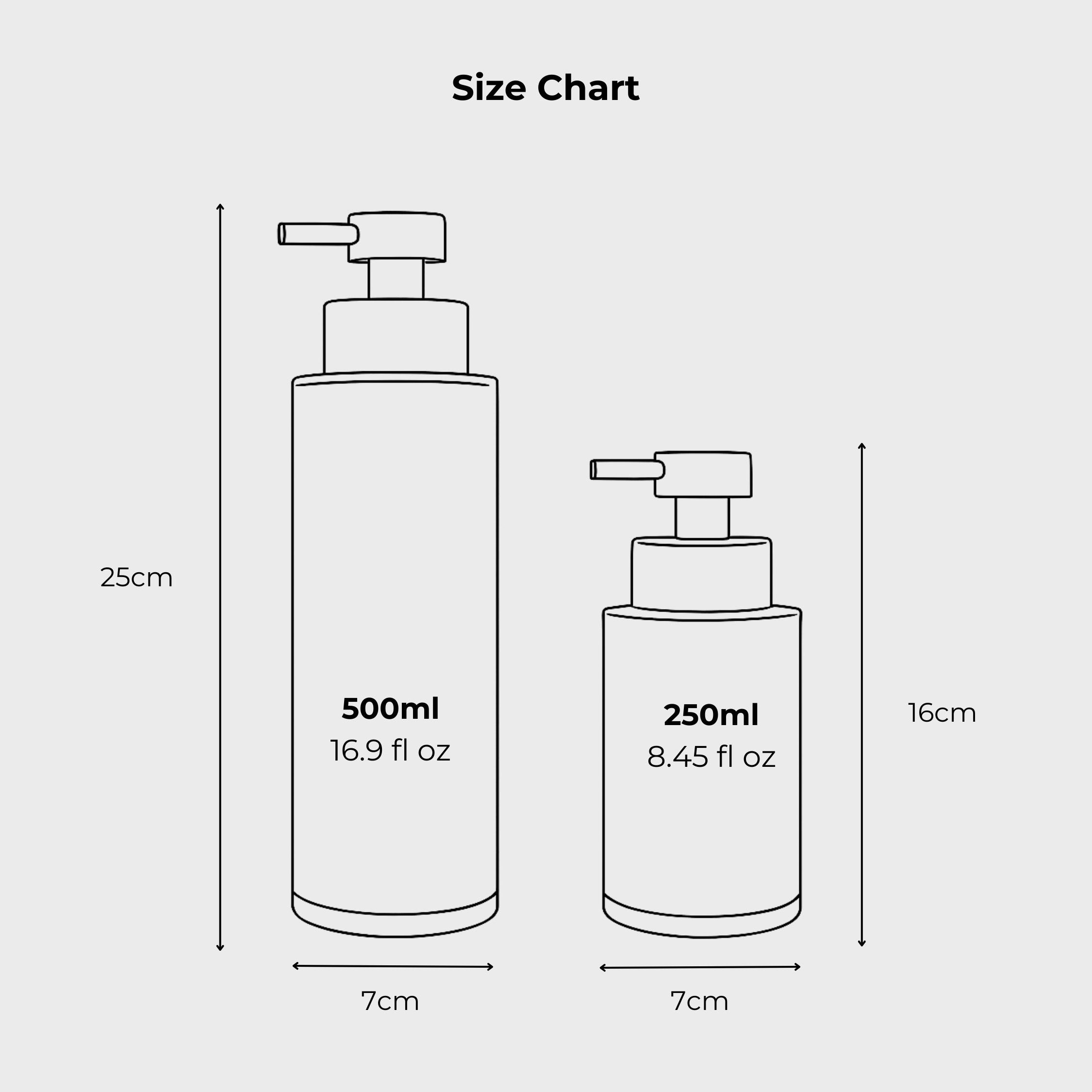 Size guide comparing the proportions and height of 500ml and 250ml refillable bottle dispensers for home use