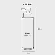 Size guide showing the height and proportions of a 500ml refillable bottle dispenser for home use