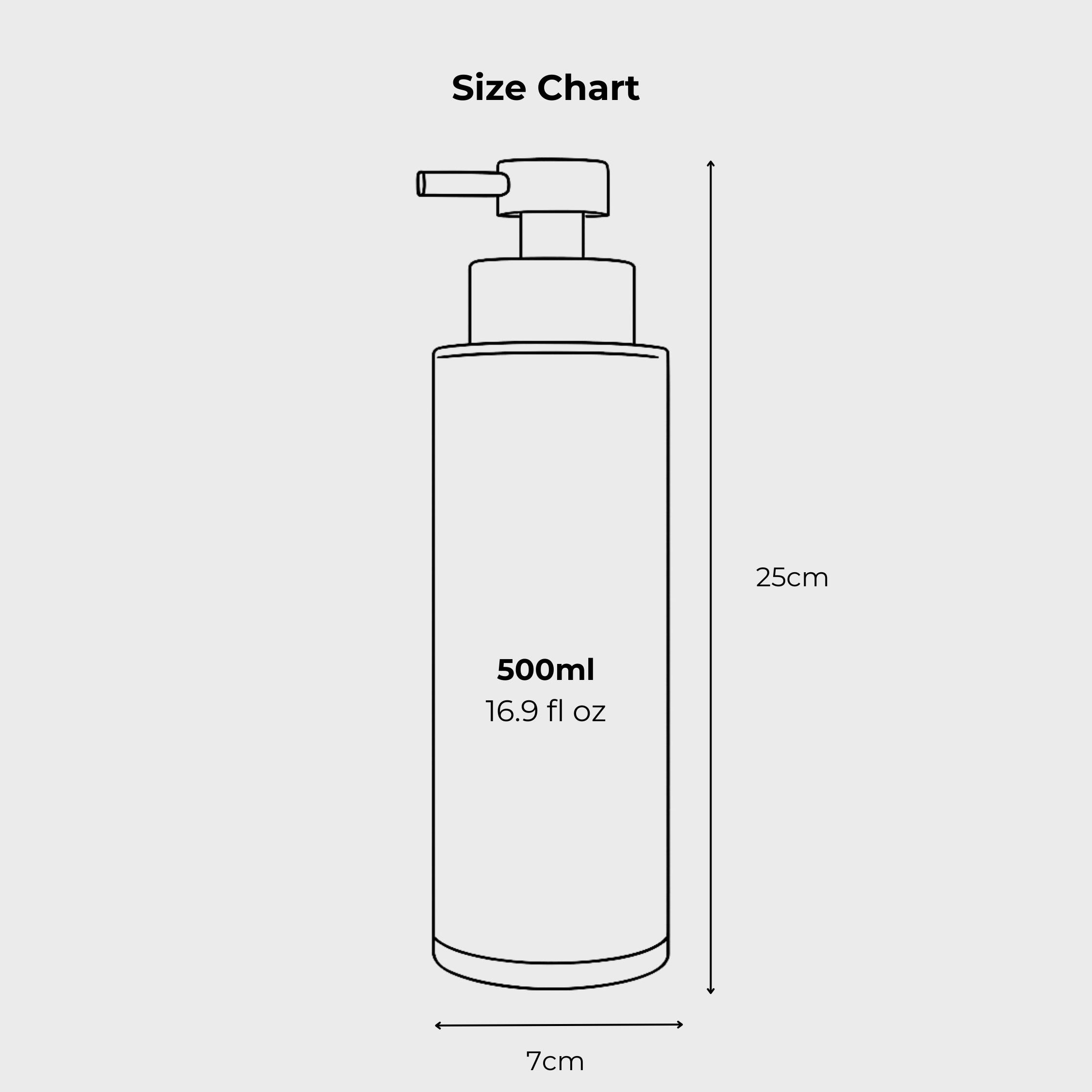 Size guide showing the height and proportions of a 500ml refillable bottle dispenser for home use