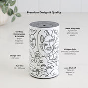 Loopa white waterless essential oil diffuser with black abstract line art faces, highlighting its premium metal alloy body and cordless, rechargeable design. Product features include whisper-quiet operation, 2–3 hour charging time, 30–50 hours of battery runtime and automatic shut-off when tilted 45 degrees or more. A stylish portable aromatherapy diffuser for modern homes, bedrooms and offices.