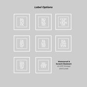 A gray informational graphic titled 'Label Options' showing nine white square label template designs arranged in a grid, with text noting waterproof and scratch-resistant UV DTF printing and curing.